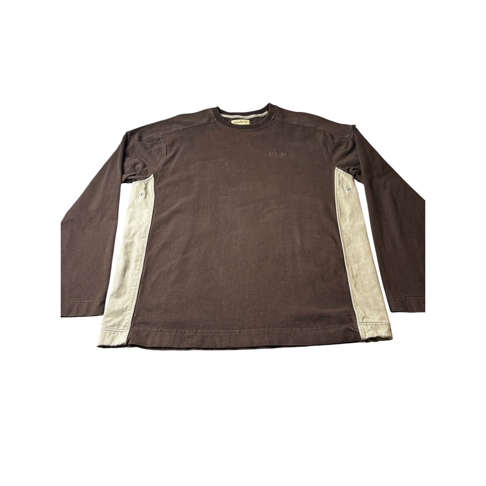 Mondetta Cabelas Mens Large Brown Long Sleeve Cotton Shirt Crewneck Tan Panels
